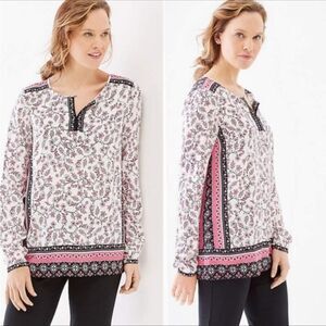 J. Jill Floral White, Pink & Black Keyhole Neckline Peasant Blouse Size M